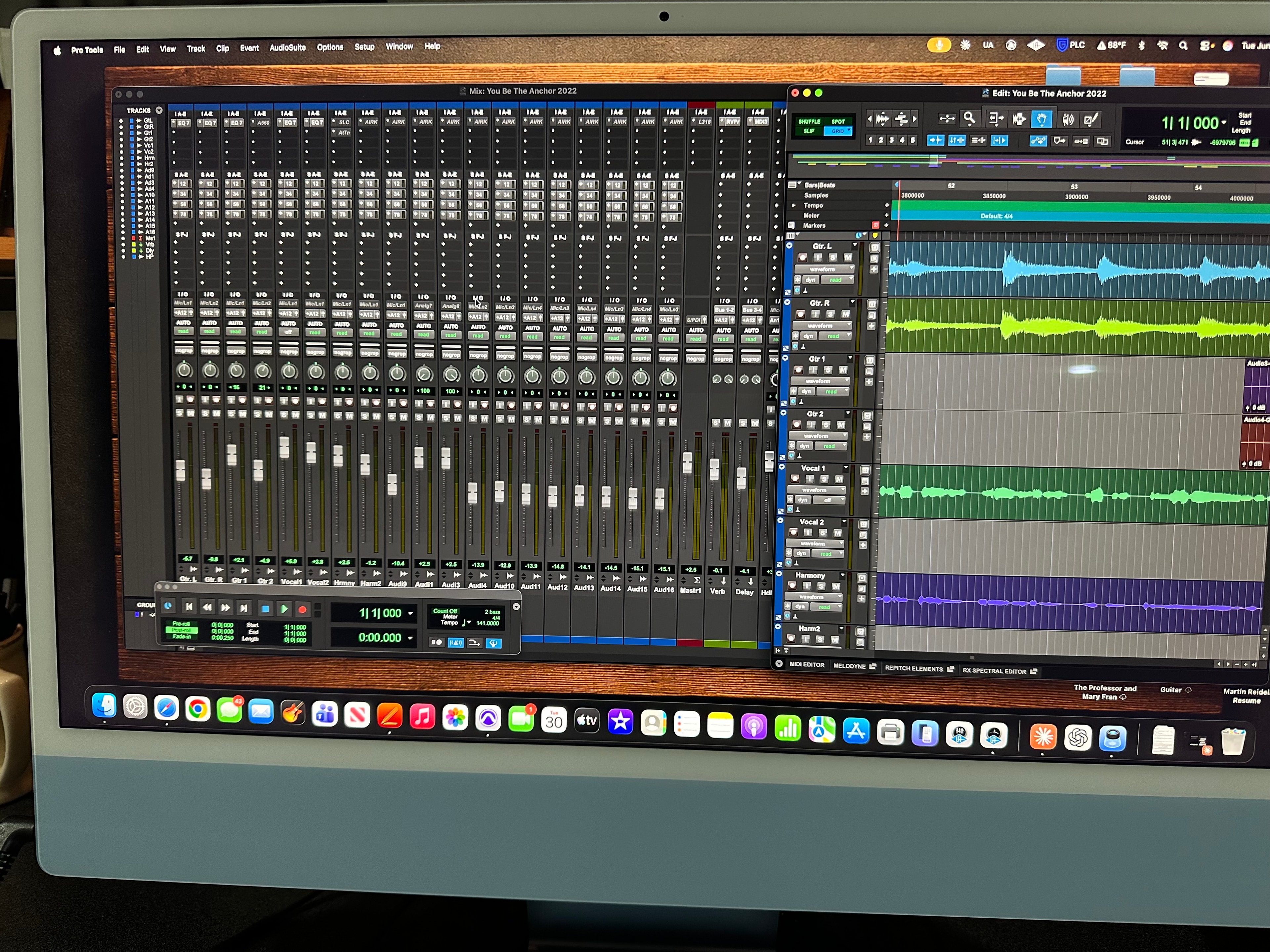 Pro Tools session open on screen in the recording studio
