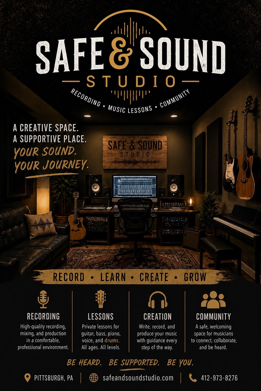 Safe and Sound Studio marketing poster